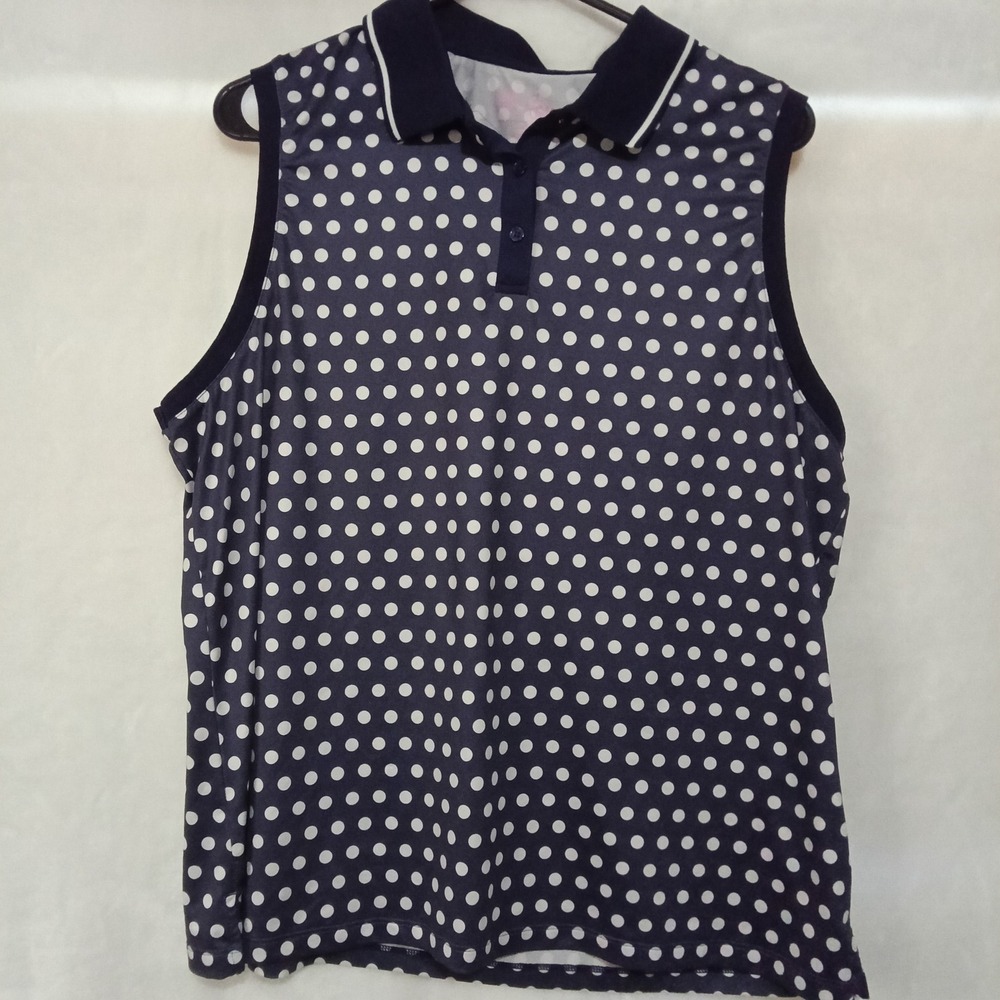 Lillie Green Womens XL Navy Blue White Polka Dot Sleeveless Golf Polo Top